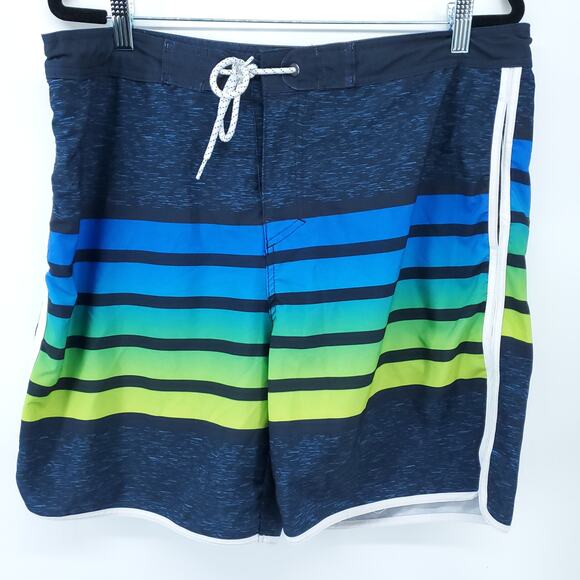 Ocean Current Stripe Navy Blue to Yellow Ombre Swim Drawstring Boardshorts 38 - Picture 1 of 9